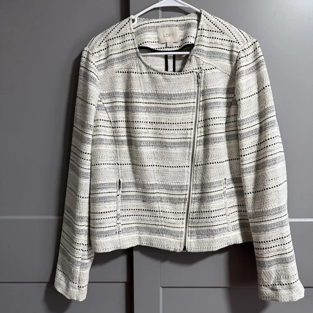 Loft Women Tweed Stripe Moto Full Zip Blazer Jacket Black/White 14(US L) Pockets